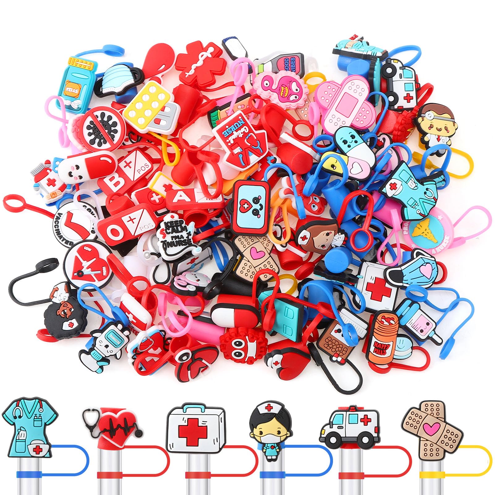 XLSXEXCL 75 Pieces Nurse Straw Toppers Nurse Straw Covers Straw Covers Bulk Straw Toppers Nurse Themed Reusable Portable Cup for Tumblers Doctor Nurse Day Gifts